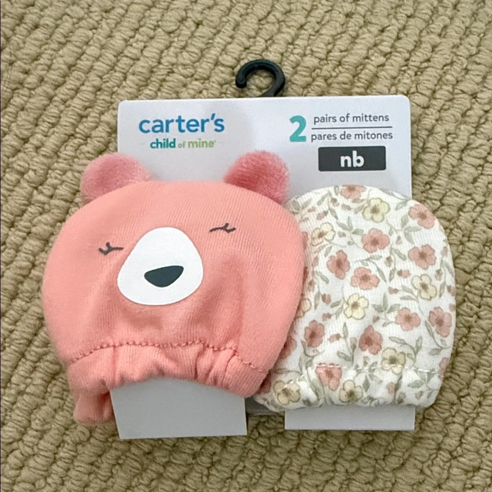 Carter's Pink Bear & Cream Floral Baby Mittens - 2-Pack